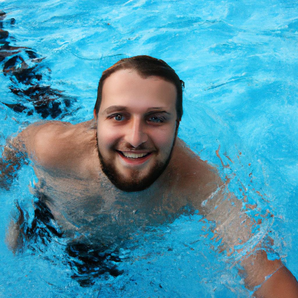Person swimming in pool, smiling
