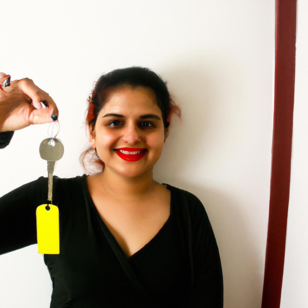 Person holding room key, smiling